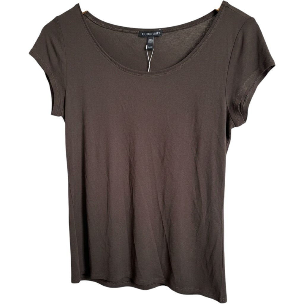 Eileen Fisher Stretch Silk Jersey Scoop Neck Top Brown Short Sleeve XS F16GK