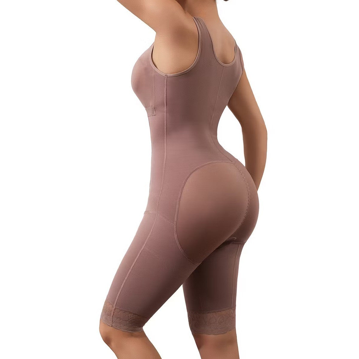 Womens Full Body Shapewear Tummy Control Faja Bodysuit Mid-Thigh Slimmer Brown L