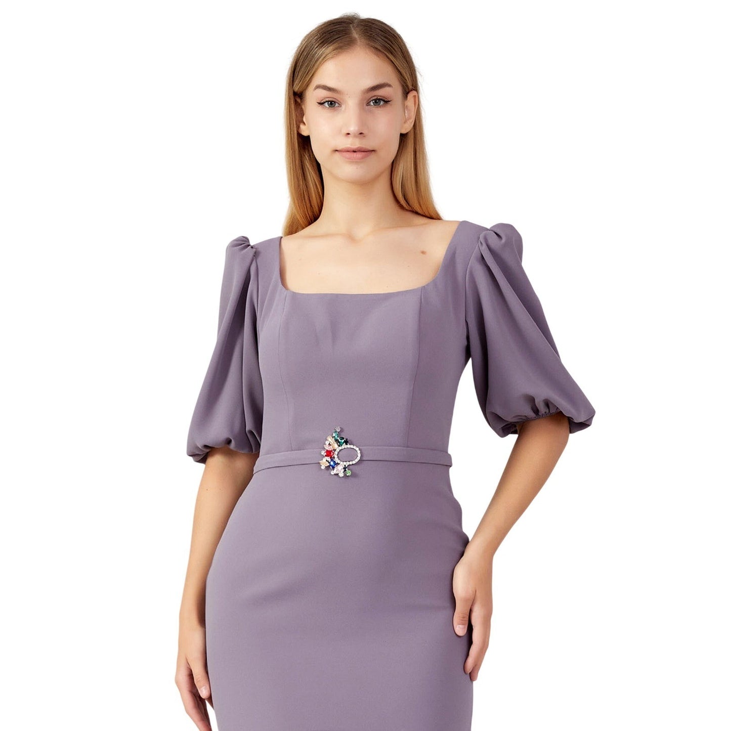 Join Me Women Purple Puff Sleeve Square Neck Jeweled Belt High Low Mermaid Dress
