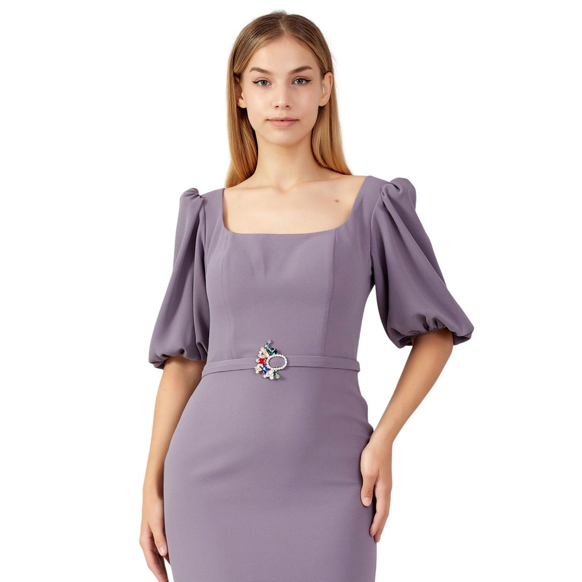 Join Me Women Purple Puff Sleeve Square Neck Jeweled Belt High Low Mermaid Dress