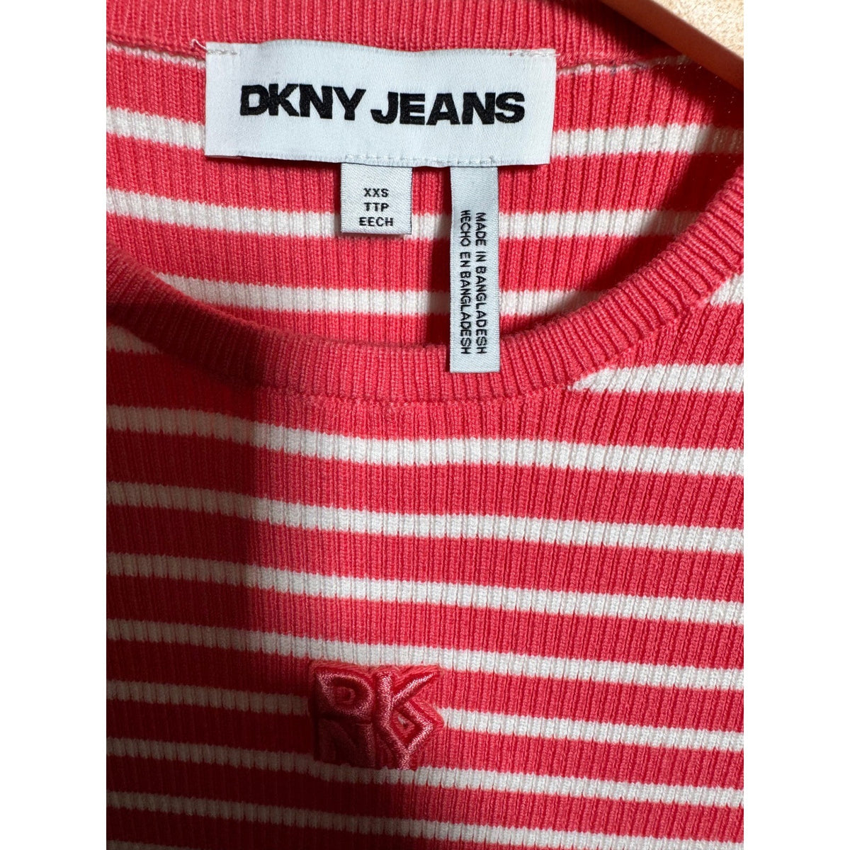 DKNY Jeans Womens Pink White Striped Ribbed Knit Short Sleeve Top XXS DJ6R0150
