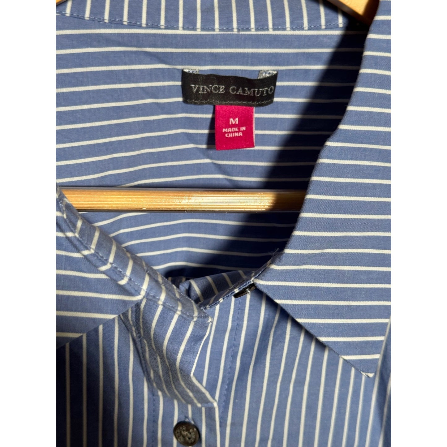 Vince Camuto Blue White Striped Ruched Tie Sleeve Button Down Shirt M MSRP $119