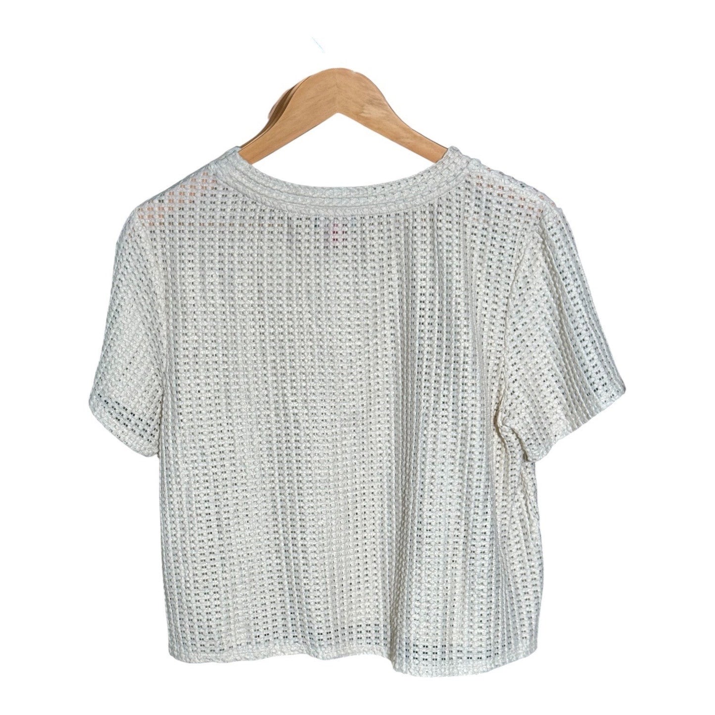 Vince Camuto Womens Cream Open Stitch Grid Knit Short Sleeve Crew Neck Top M