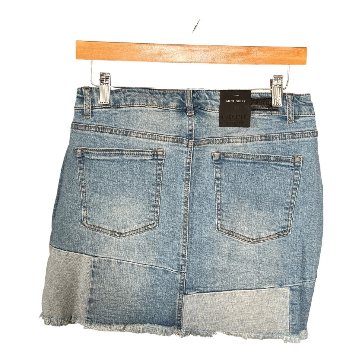 Black Label Cest Toi Patchwork Denim Mini Skirt Light Wash Frayed Hem CTB2375K L