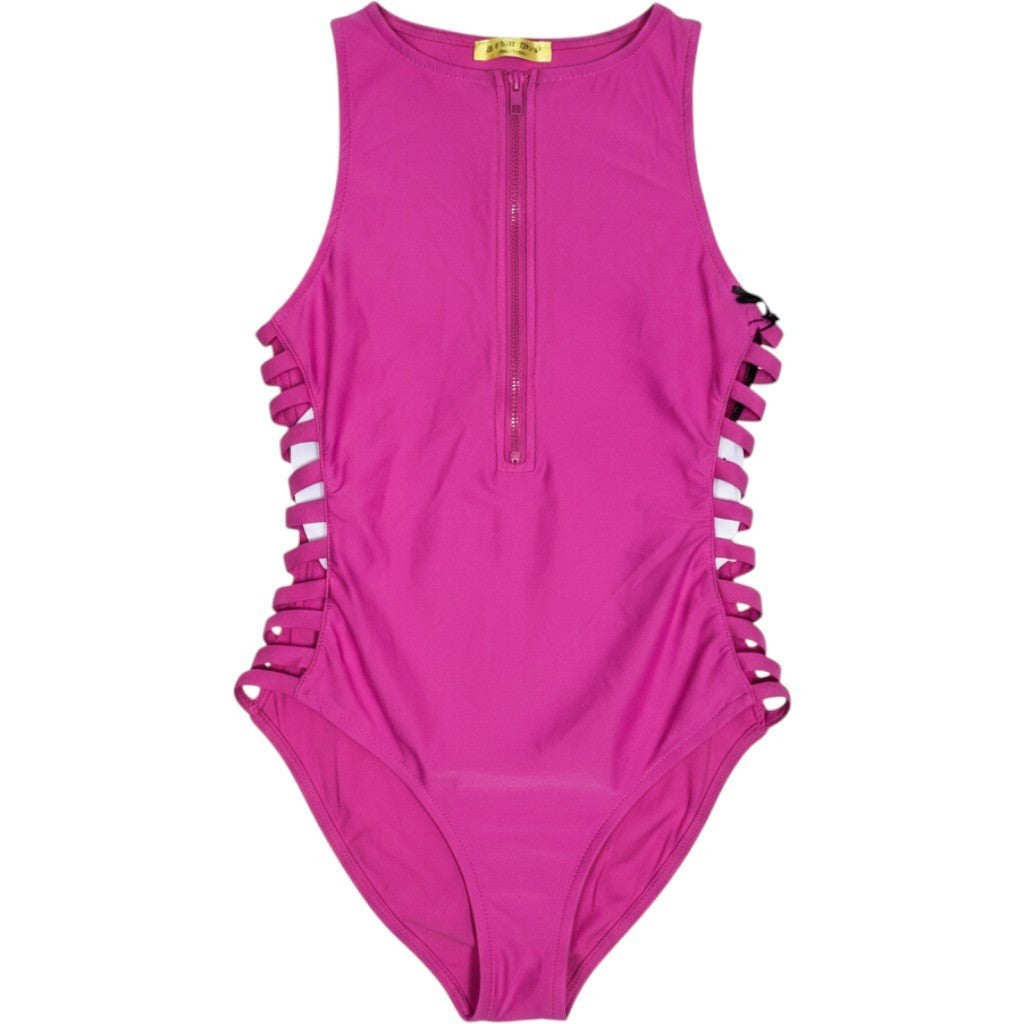 Cest Toi Magenta Pink Zip Front Side Cutout One Piece Swimsuit Athletic Bodysuit