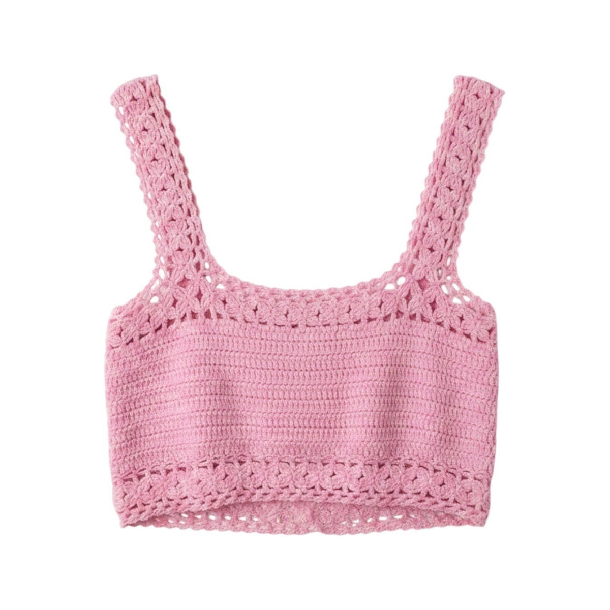 Cotton World Pink Crochet Crop Top Square Neck Front Tie Knit Festival Cami