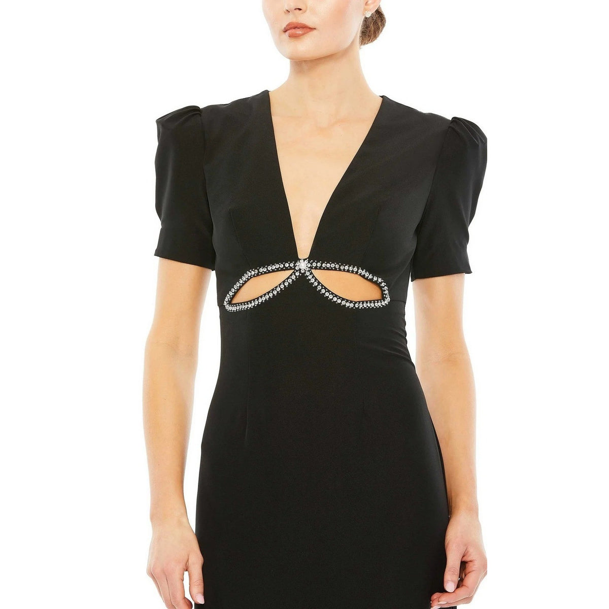 Mac Duggal 2630 Black Rhinestone Cutout Puff Sleeve V-Neck Evening Gown Dress