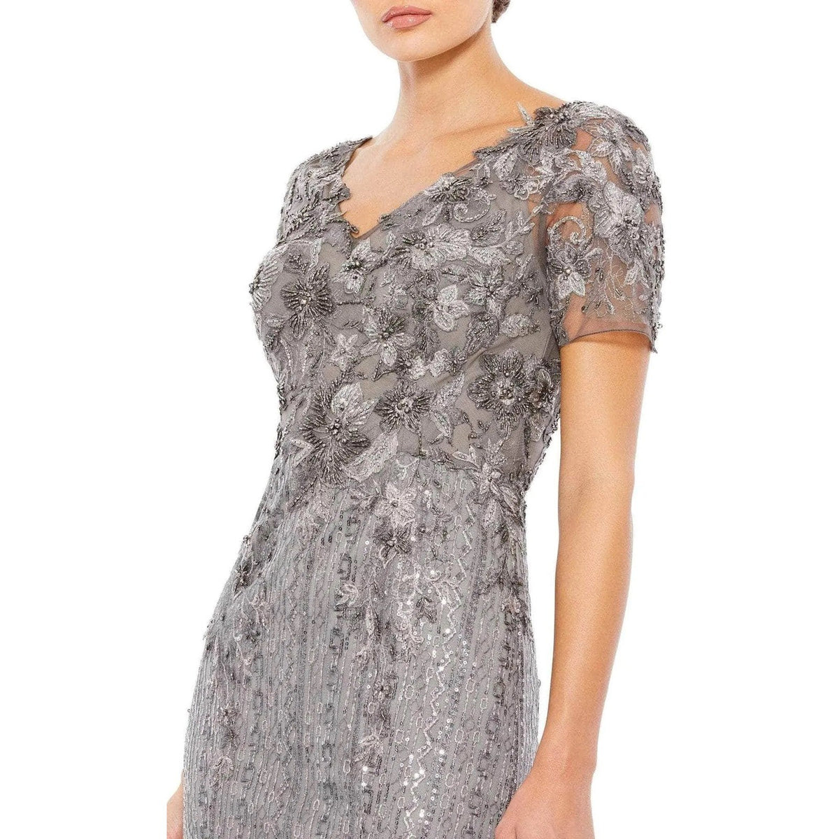 Mac Duggal 20282 Pewter Floral Embroidered Sequin V-Neck Gown Evening Dress