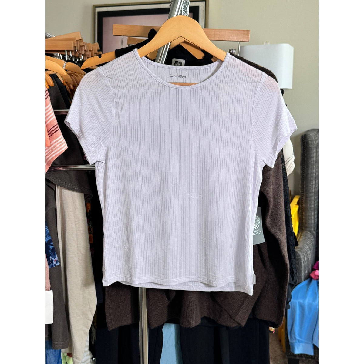 Calvin Klein Womens Ribbed Short Sleeve Crewneck Tee Lavender Purple Top