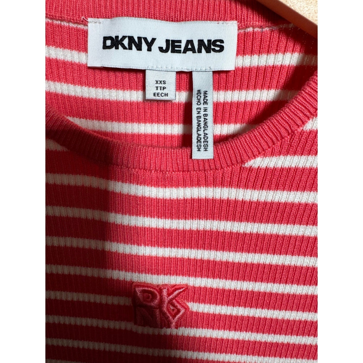 DKNY Jeans Womens Pink White Striped Ribbed Knit Short Sleeve Top XXS DJ6R0150