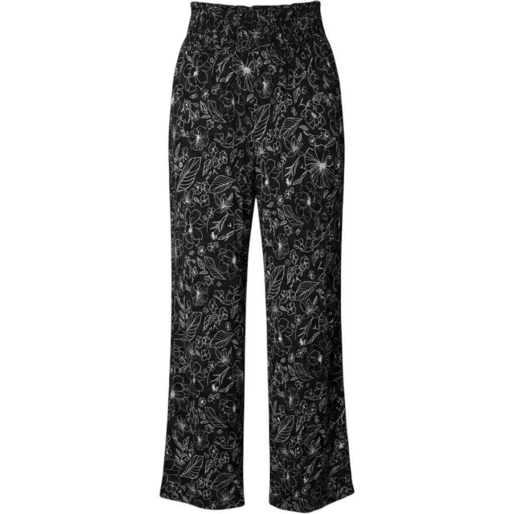 BBJ Womens Floral Smocked High Waist Wide Leg Boho Pants Black White Pockets