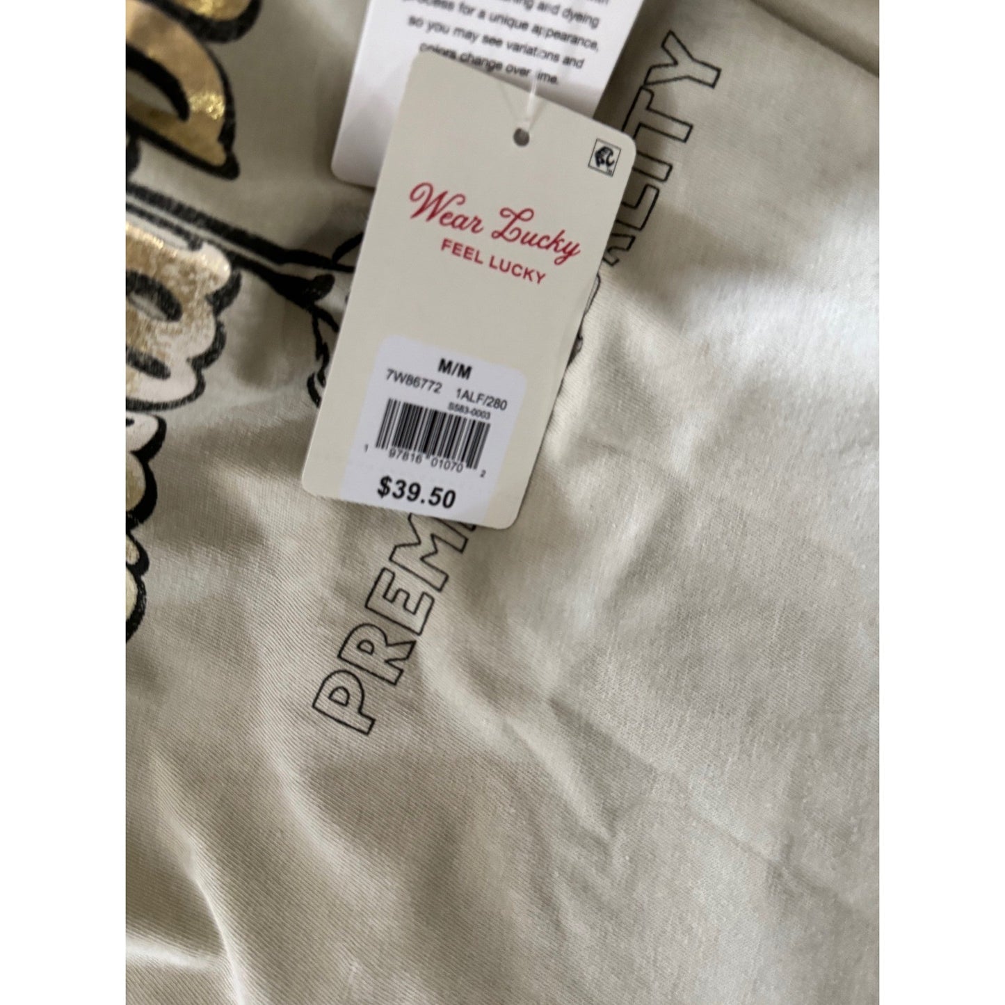 Lucky Brand Extra Dirty Martini Graphic Tee Gold Foil Oatmeal Beige Medium NEW