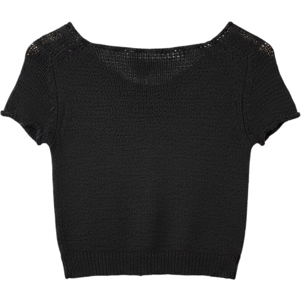 Vince Camuto Womens XS Black Open Knit V-Neck Short Sleeve Sweater Crop Top