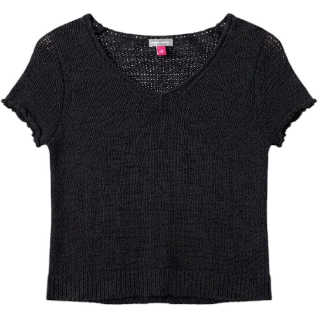 Vince Camuto Womens XS Black Open Knit V-Neck Short Sleeve Sweater Crop Top