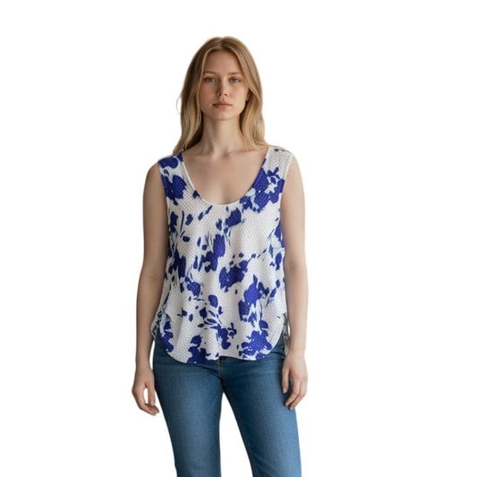 Calvin Klein Womens Blue White Abstract Print Eyelet Sleeveless Top 44F126G M