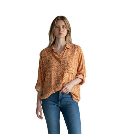 Intimately Free People Orange Geometric Print Button Down Shirt High Low Hem S