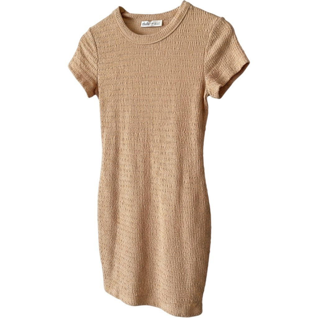 Elodie Womens Textured Crinkle Bodycon Mini Dress Tan Short Sleeve  ELD22971 S
