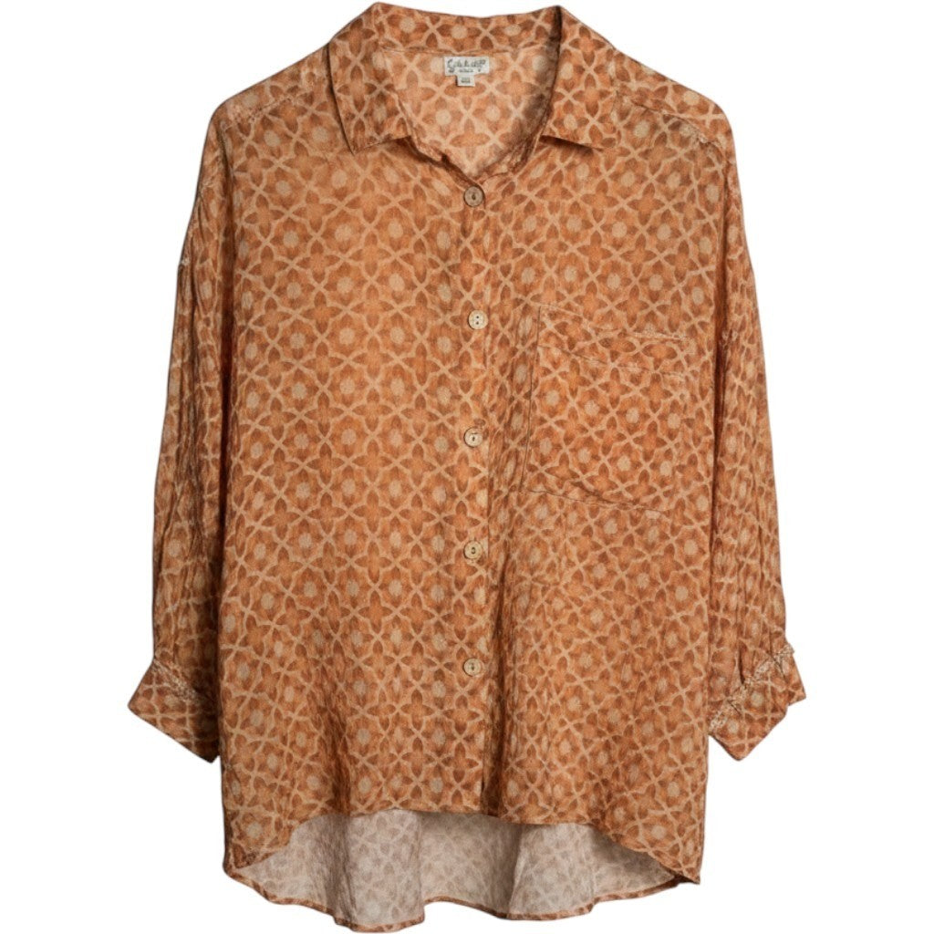 Intimately Free People Orange Geometric Print Button Down Shirt High Low Hem S