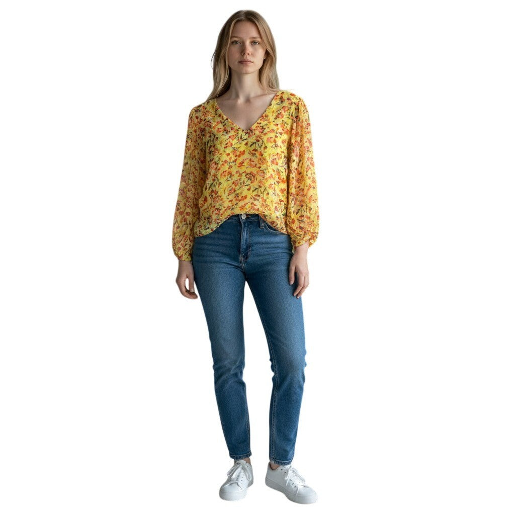 Vince Camuto Womens XL Citrus Splash Floral Blouse V-Neck Bright Lemon 9122155