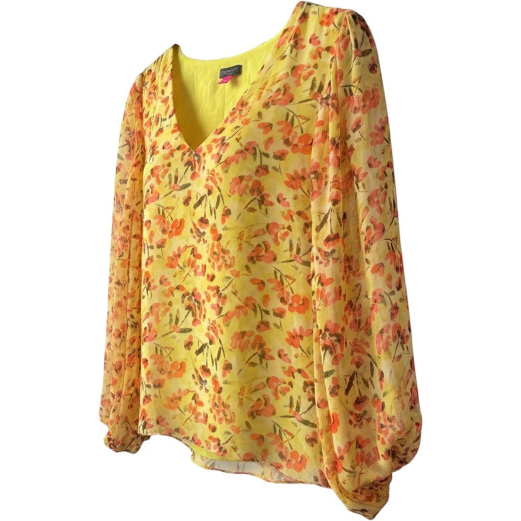 Vince Camuto Womens XL Citrus Splash Floral Blouse V-Neck Bright Lemon 9122155