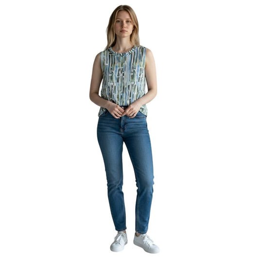 Calvin Klein Womens XL Blue Green Abstract Plisse Ruffle Neck Shell Top S54T998F