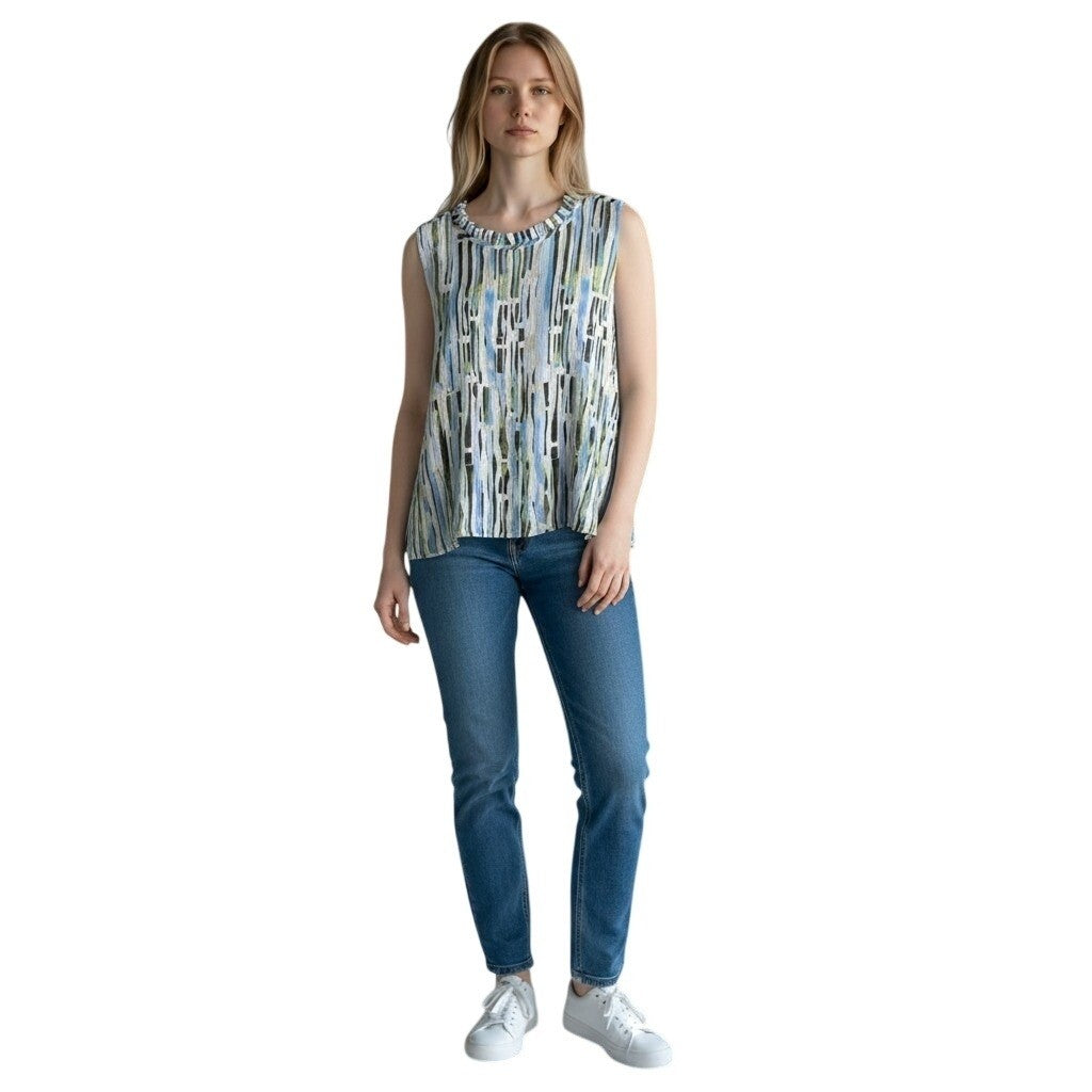 Calvin Klein Womens XL Blue Green Abstract Plisse Ruffle Neck Shell Top S54T998F