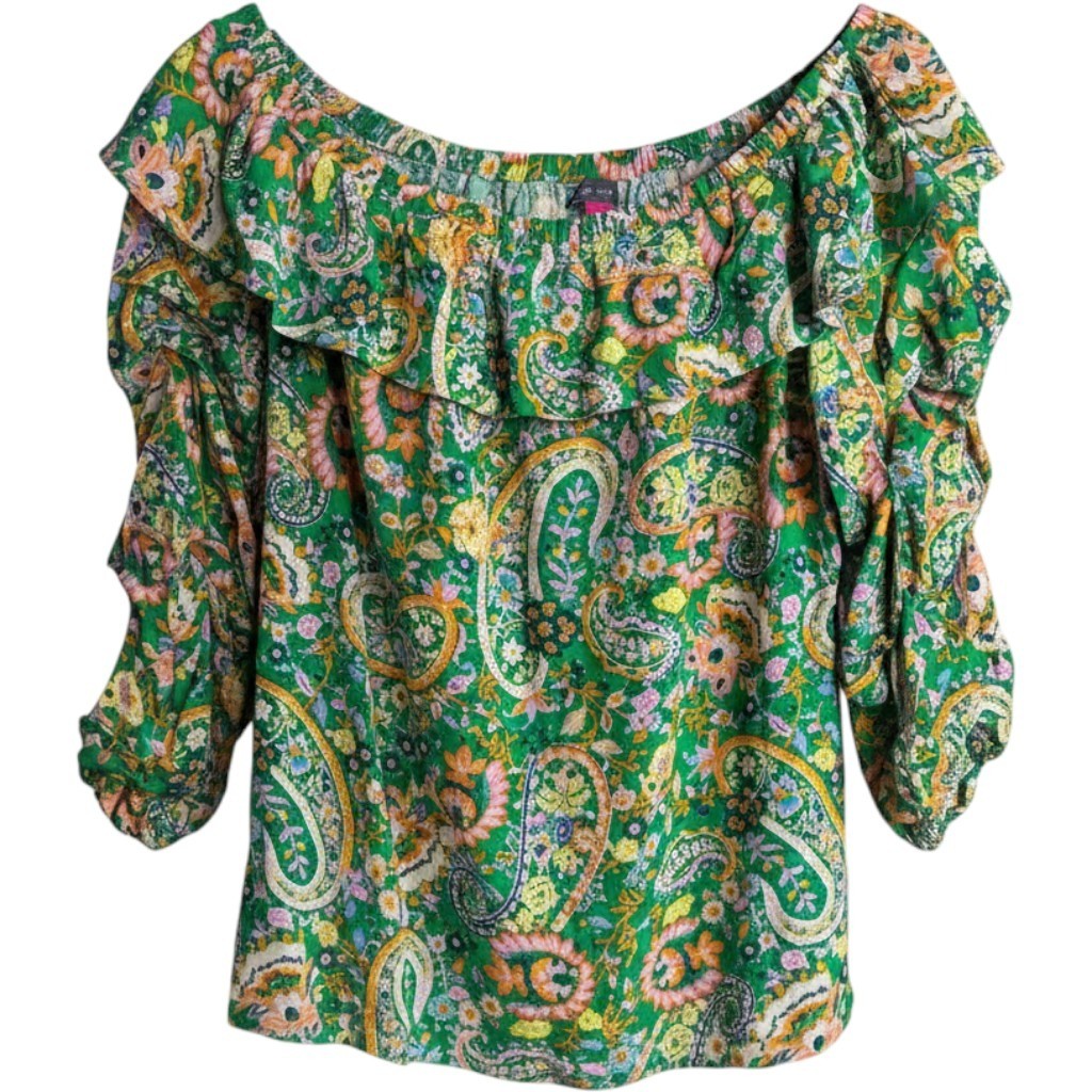 Vince Camuto Womens XL Getaway Green Paisley Off The Shoulder Ruffle Blouse