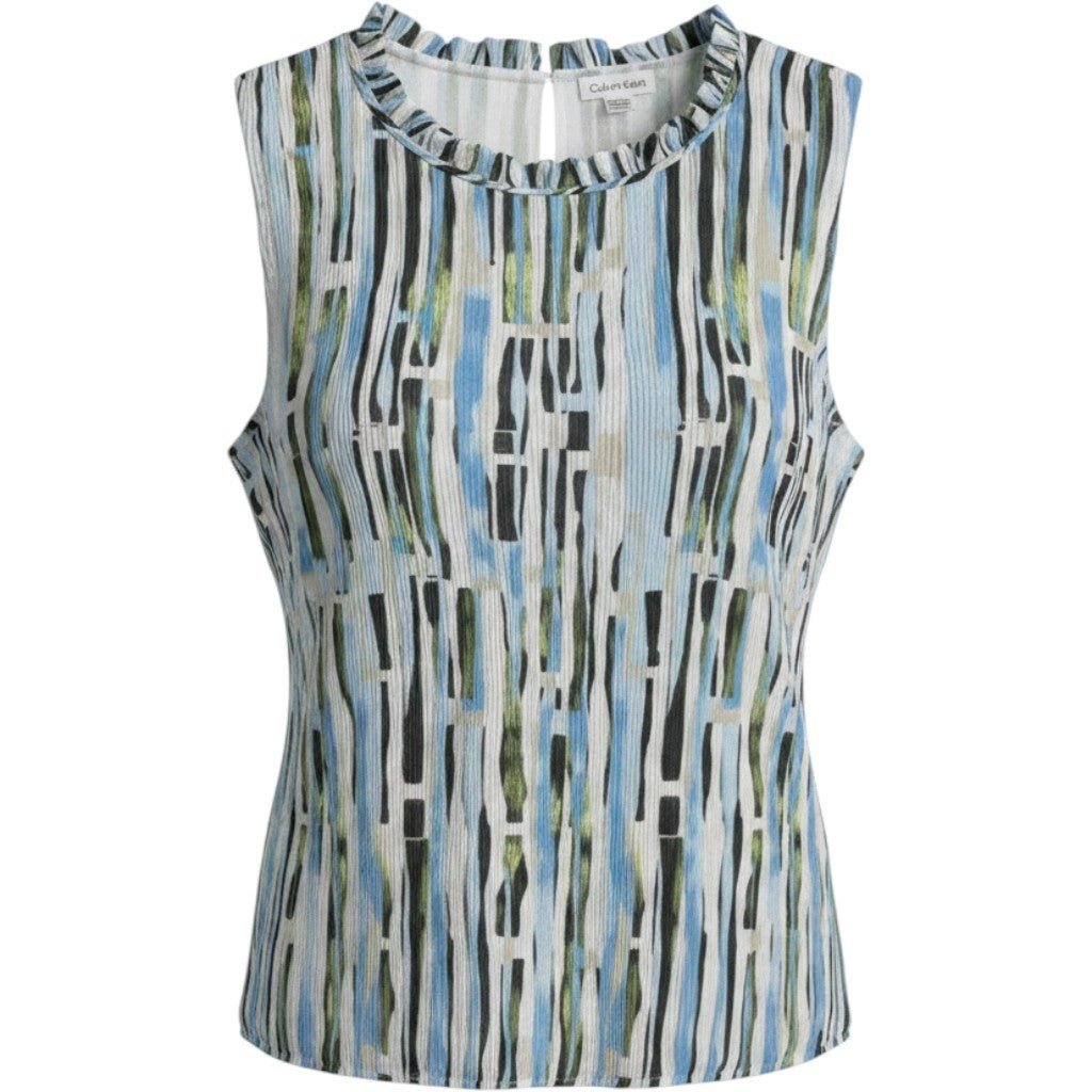 Calvin Klein Womens XL Blue Green Abstract Plisse Ruffle Neck Shell Top S54T998F