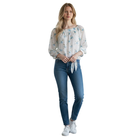 Vince Camuto XL Floral Off The Shoulder Blouse Ivory Blue Side Tie Chiffon Top