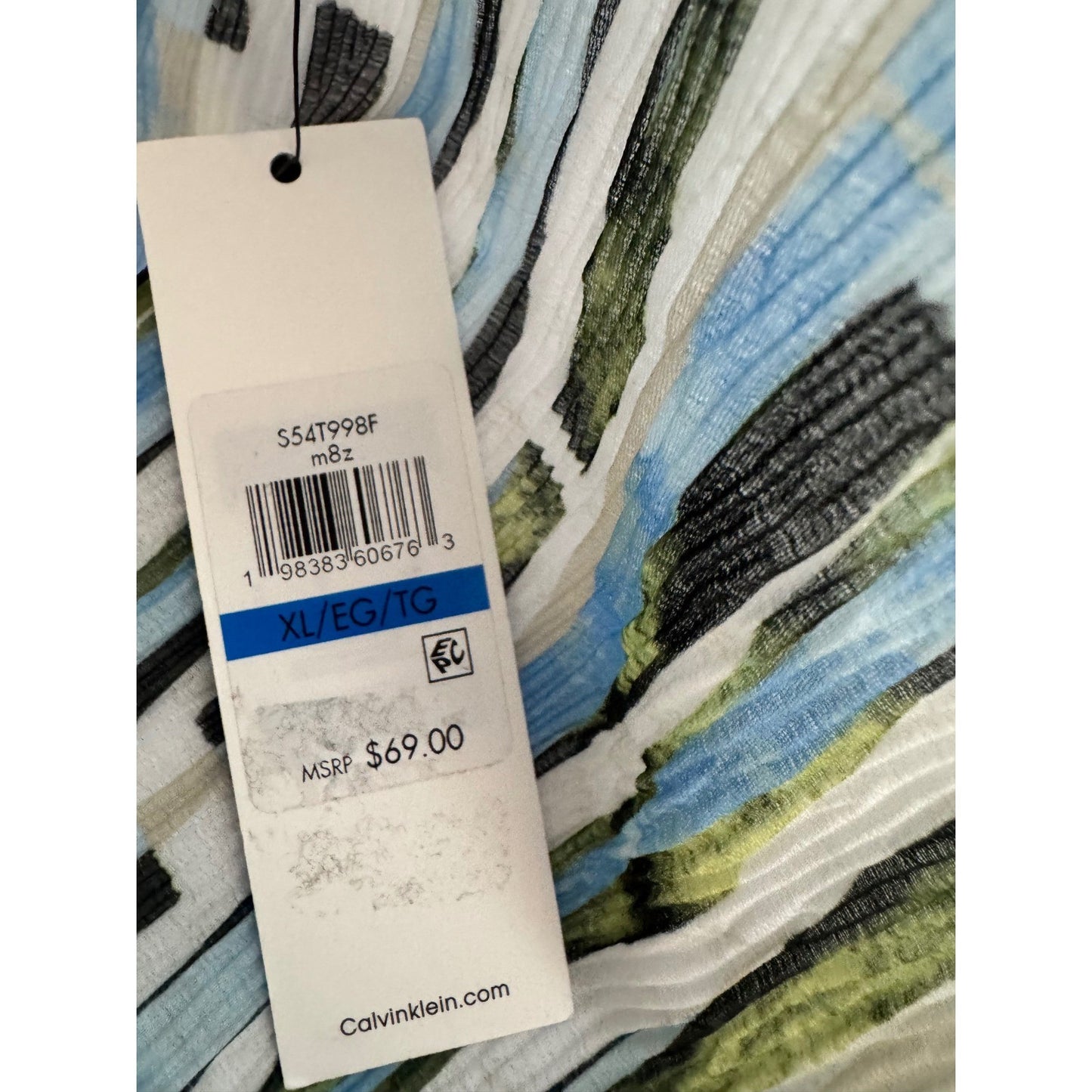 Calvin Klein Womens XL Blue Green Abstract Plisse Ruffle Neck Shell Top S54T998F