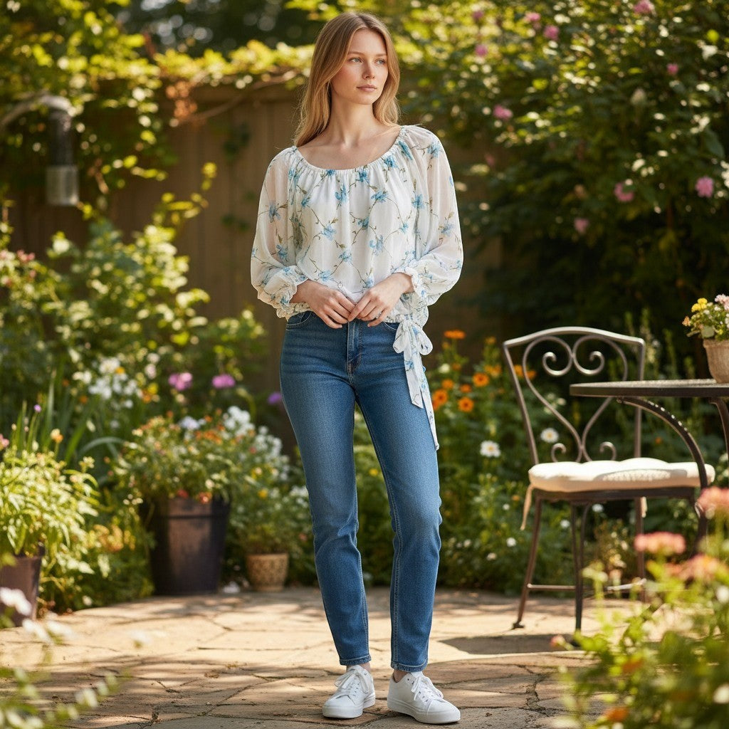 Vince Camuto XL Floral Off The Shoulder Blouse Ivory Blue Side Tie Chiffon Top
