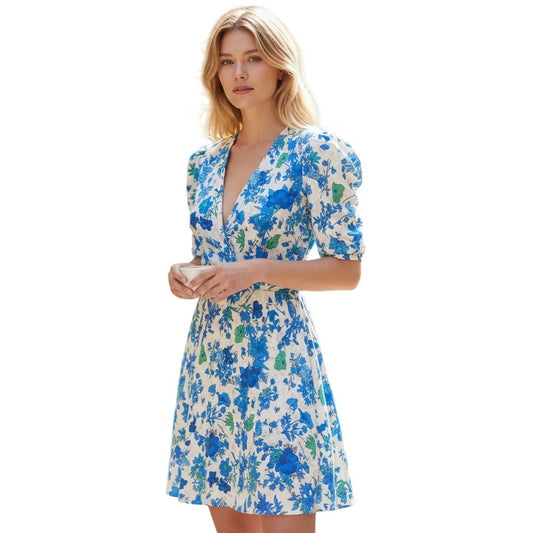 Zadig & Voltaire Blue Floral Puff Sleeve Mini Dress Wrap V-Neck NWT