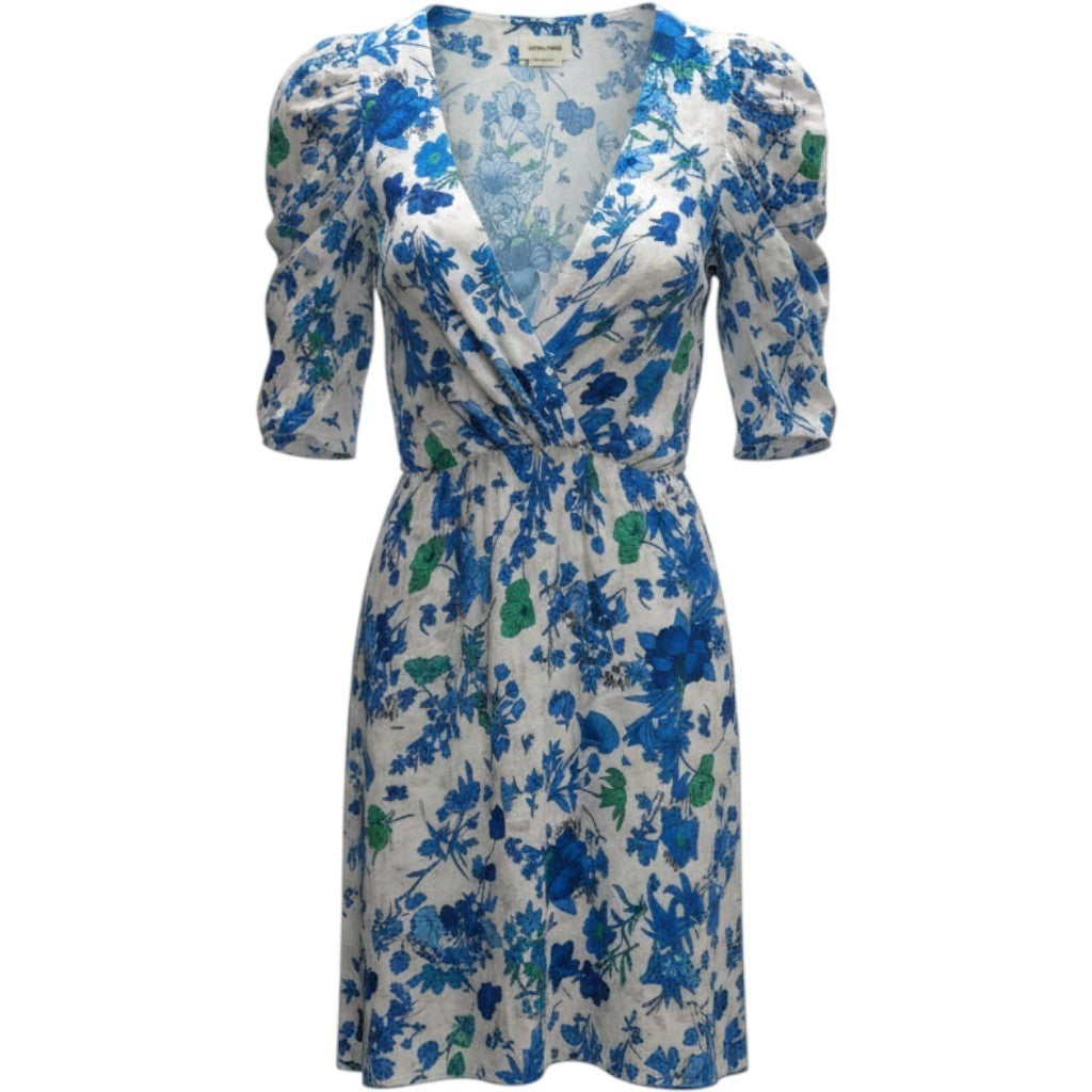 Zadig & Voltaire Blue Floral Puff Sleeve Mini Dress Wrap V-Neck NWT