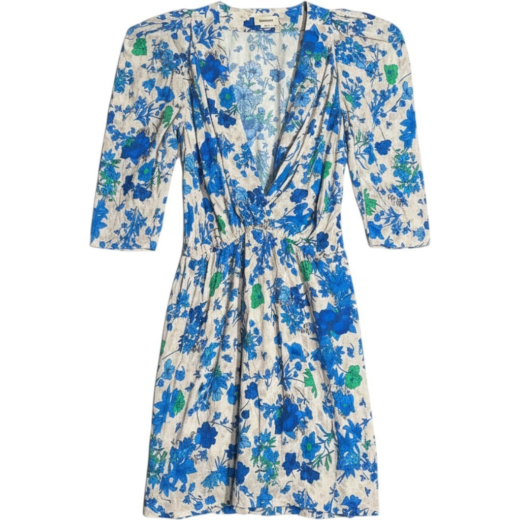 Zadig & Voltaire Blue Floral Puff Sleeve Mini Dress Wrap V-Neck NWT