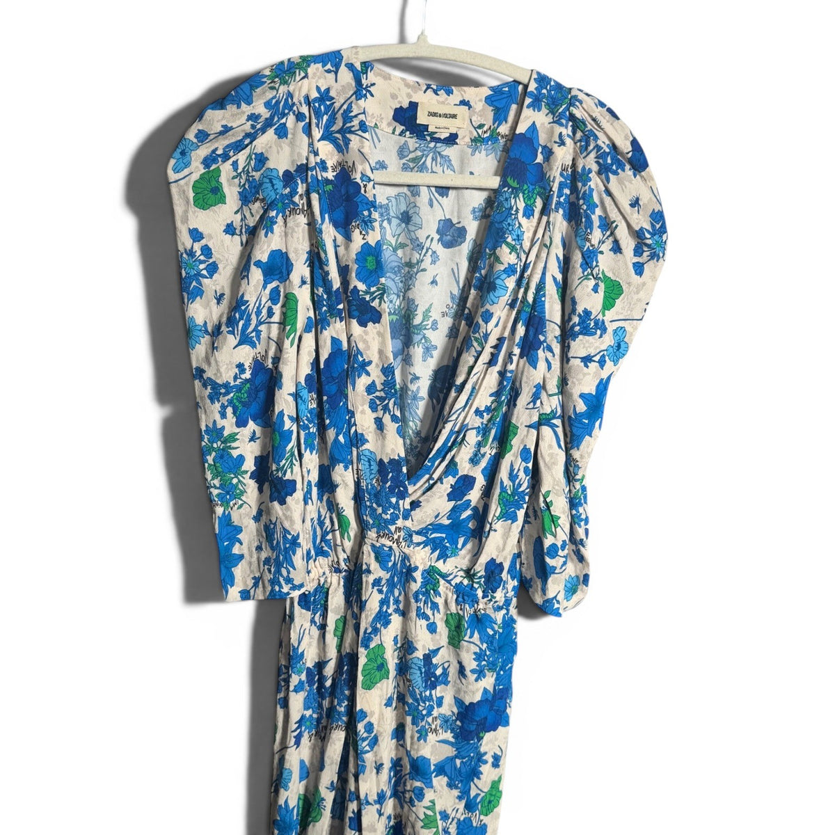 Zadig & Voltaire Blue Floral Puff Sleeve Mini Dress Wrap V-Neck NWT