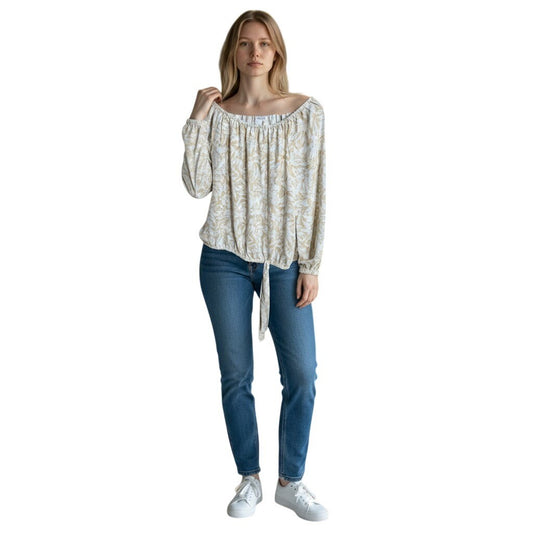 Vince Camuto Women Tan White Leaf Print Off Shoulder Blouson Tie Hem Blouse M