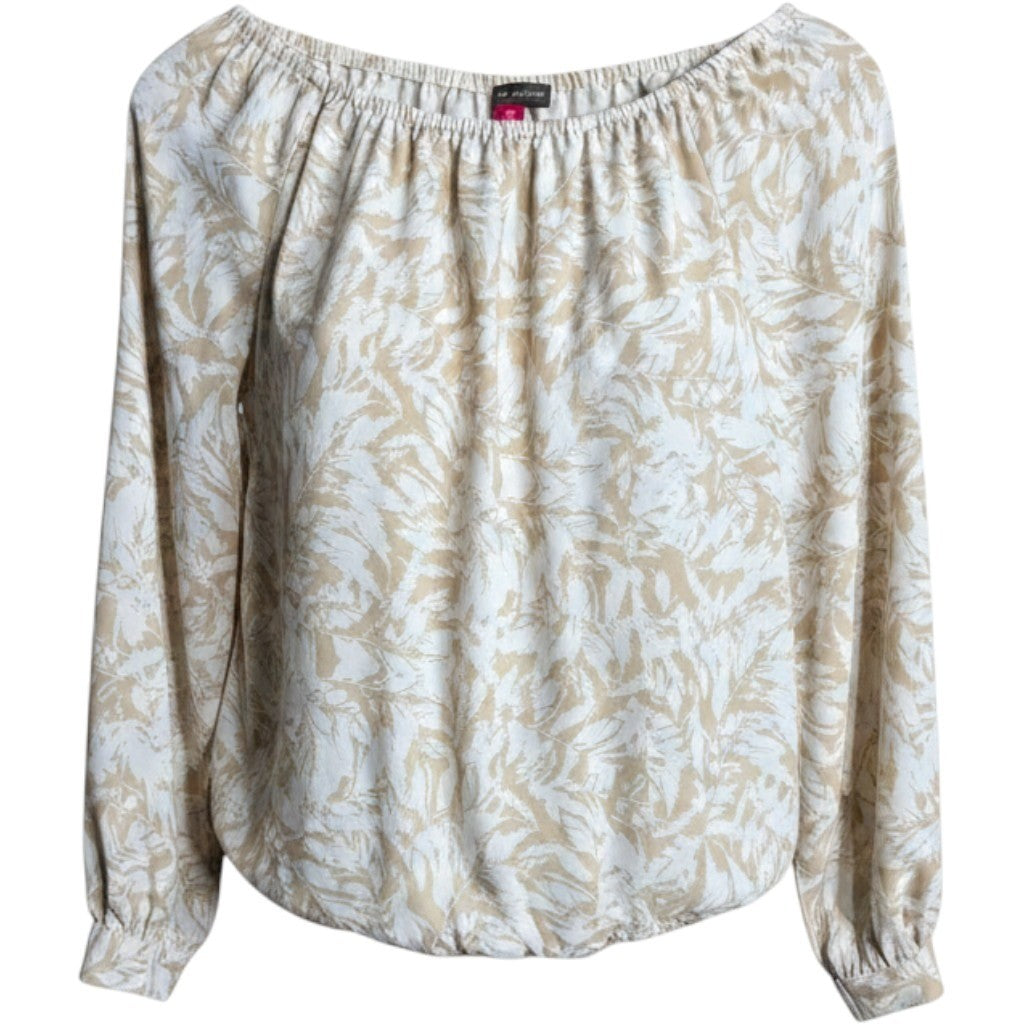 Vince Camuto Women Tan White Leaf Print Off Shoulder Blouson Tie Hem Blouse M