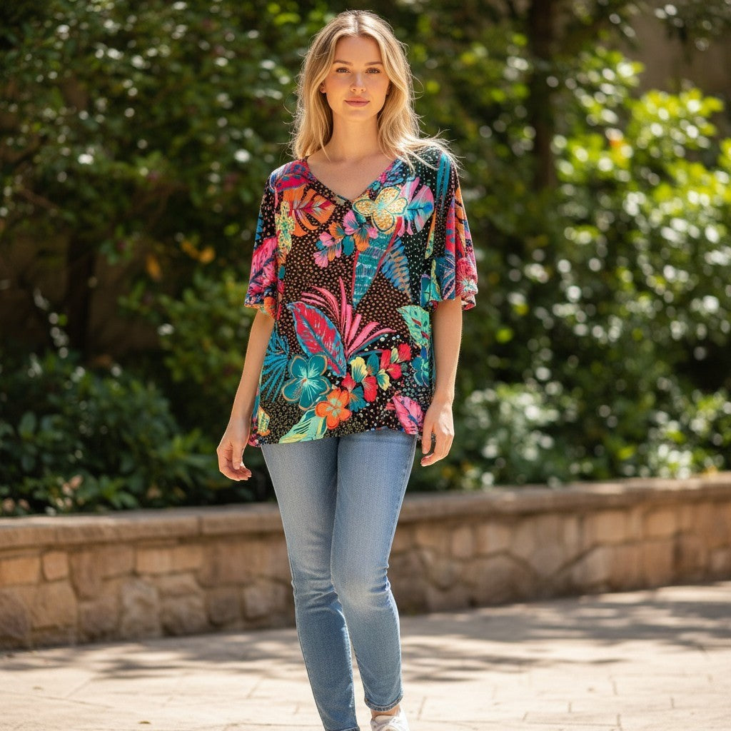 Vince Camuto Women Rich Black Tropical Floral Cowl Neck Top XL 915258620