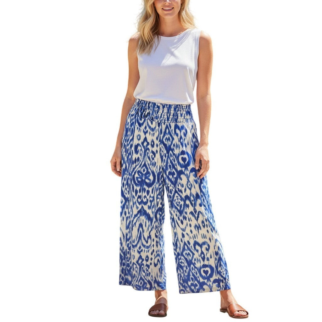 Vince Camuto Summer Swirl Ikat Wide Leg Smocked Pants Royal Azure XL NWT