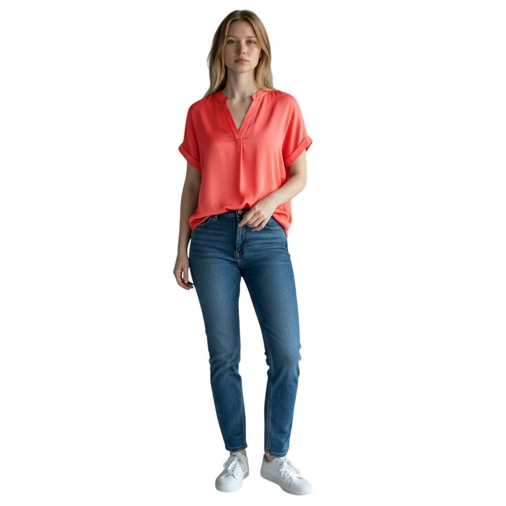 Vince Camuto XL Coral Red Split V-Neck Cuffed Short Sleeve Textured Blouse