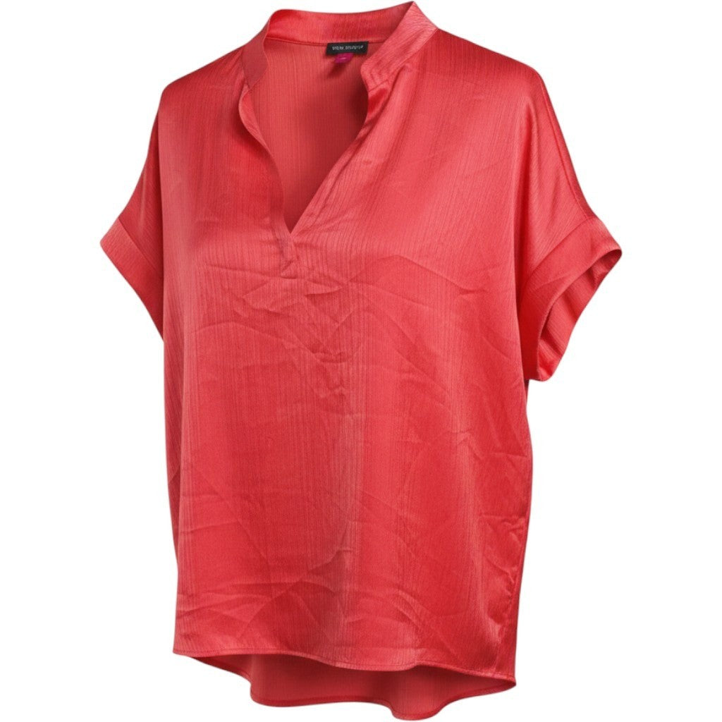 Vince Camuto XL Coral Red Split V-Neck Cuffed Short Sleeve Textured Blouse