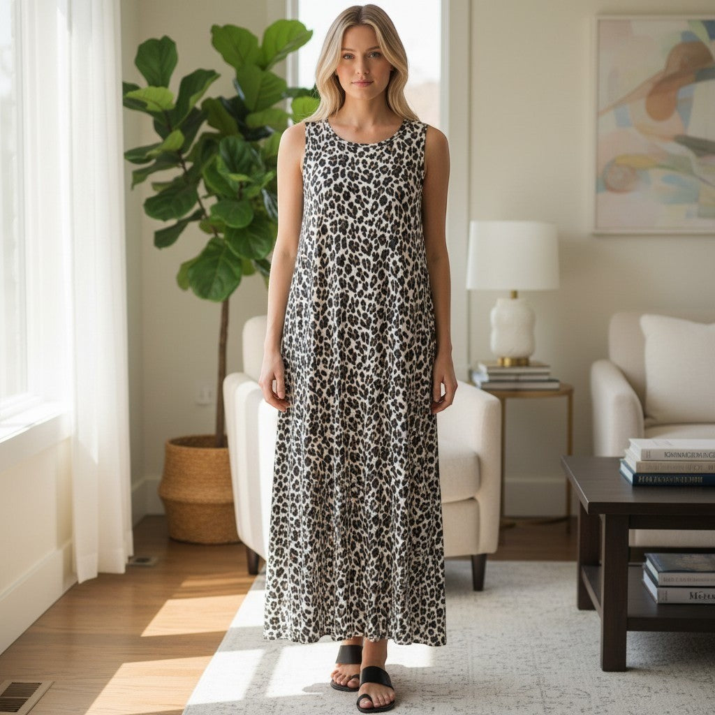 Womens Leopard Print Sleeveless Maxi Dress A-Line Round Neck Animal Print L