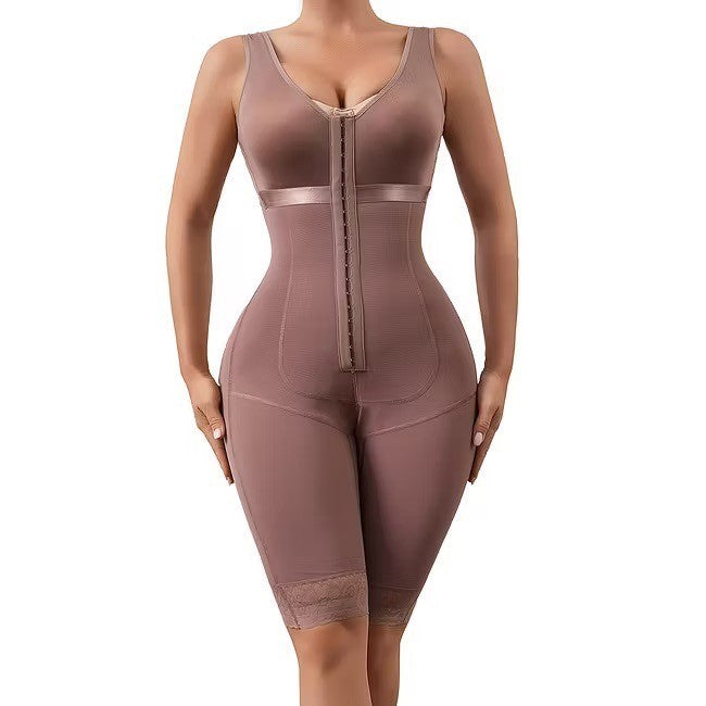 Womens Full Body Shapewear Tummy Control Faja Bodysuit Mid-Thigh Slimmer Brown L