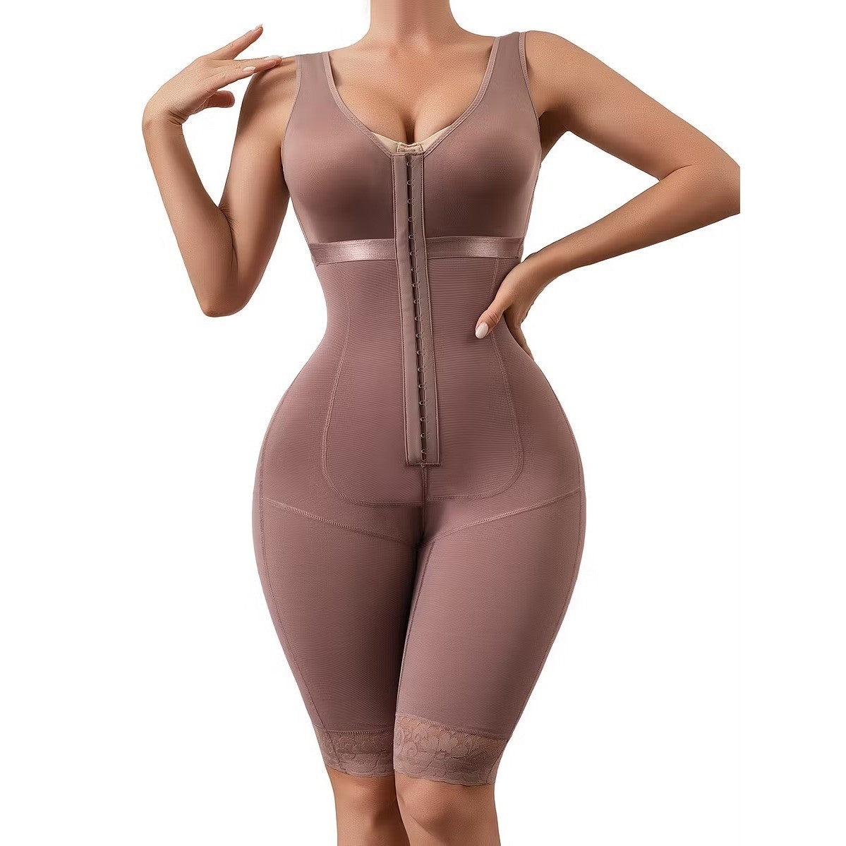 Womens Full Body Shapewear Tummy Control Faja Bodysuit Mid-Thigh Slimmer Brown L