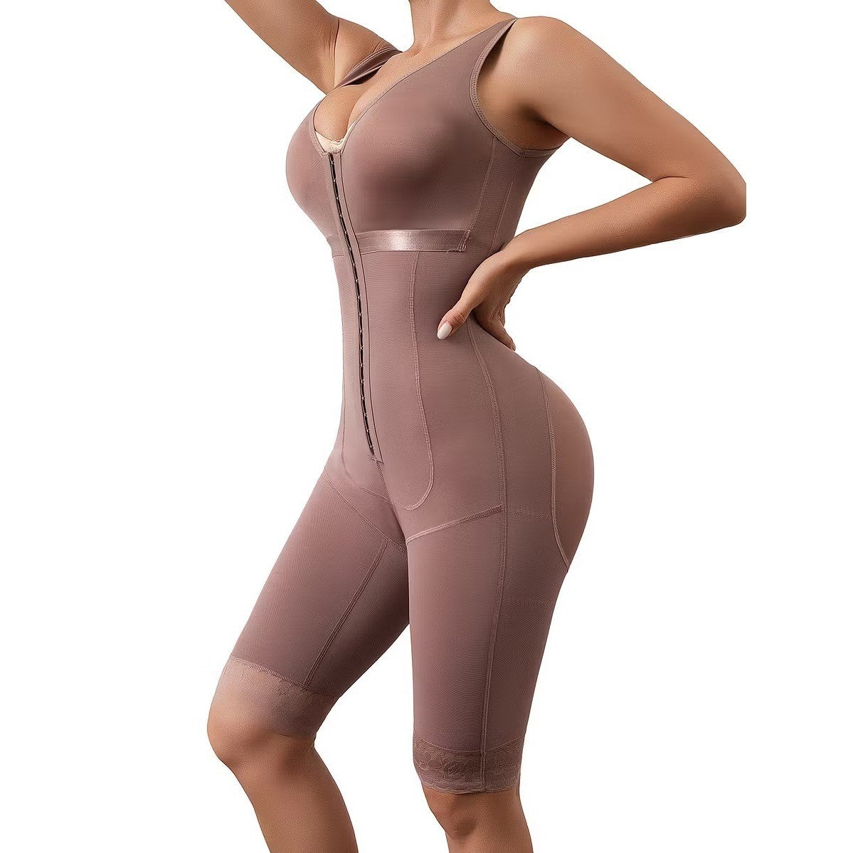Womens Full Body Shapewear Tummy Control Faja Bodysuit Mid-Thigh Slimmer Brown L