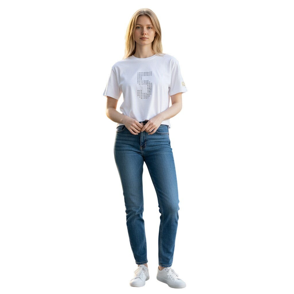 Reebok Women White Cropped Basketball Graphic Tee Star Number 5 RVW261TE02008 L