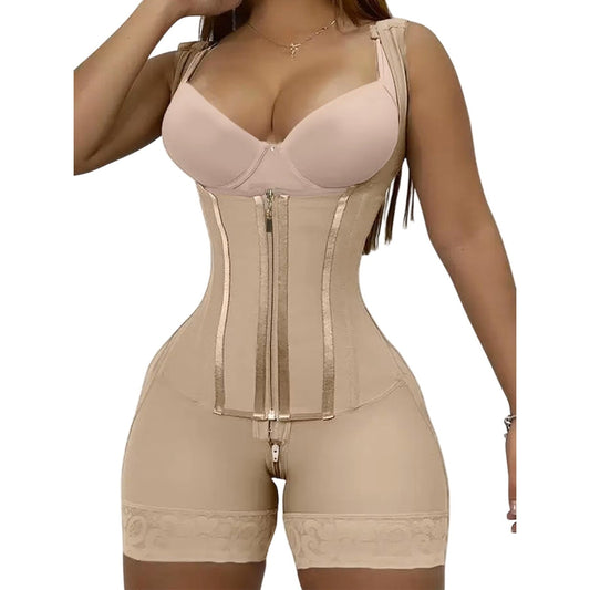 Womens High Compression Full Body Shaper Zipper Waist Trainer Bodysuit Nude M