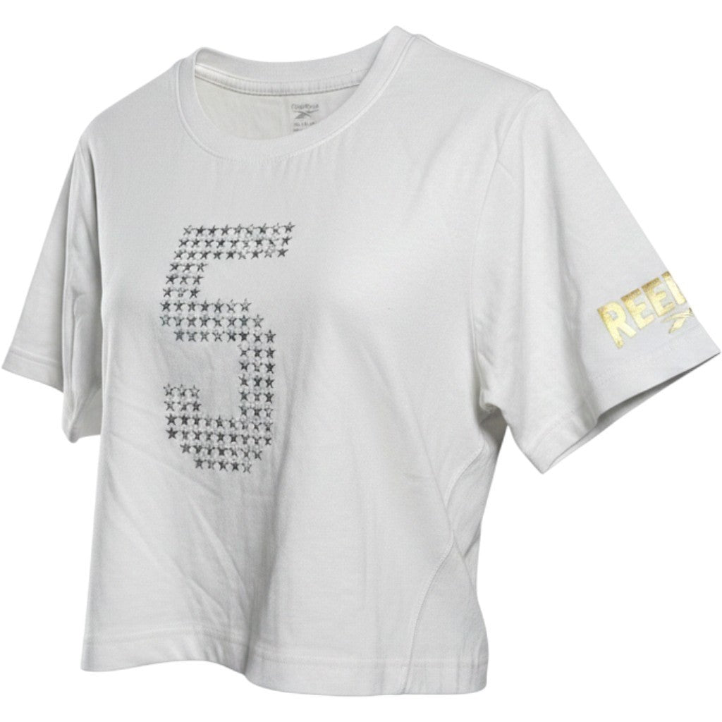 Reebok Women White Cropped Basketball Graphic Tee Star Number 5 RVW261TE02008 L