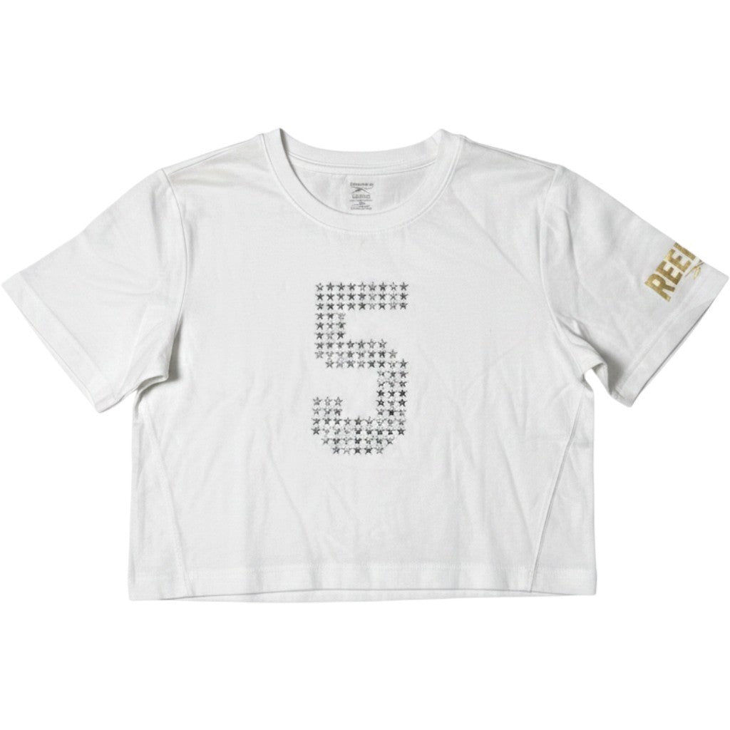 Reebok Women White Cropped Basketball Graphic Tee Star Number 5 RVW261TE02008 L