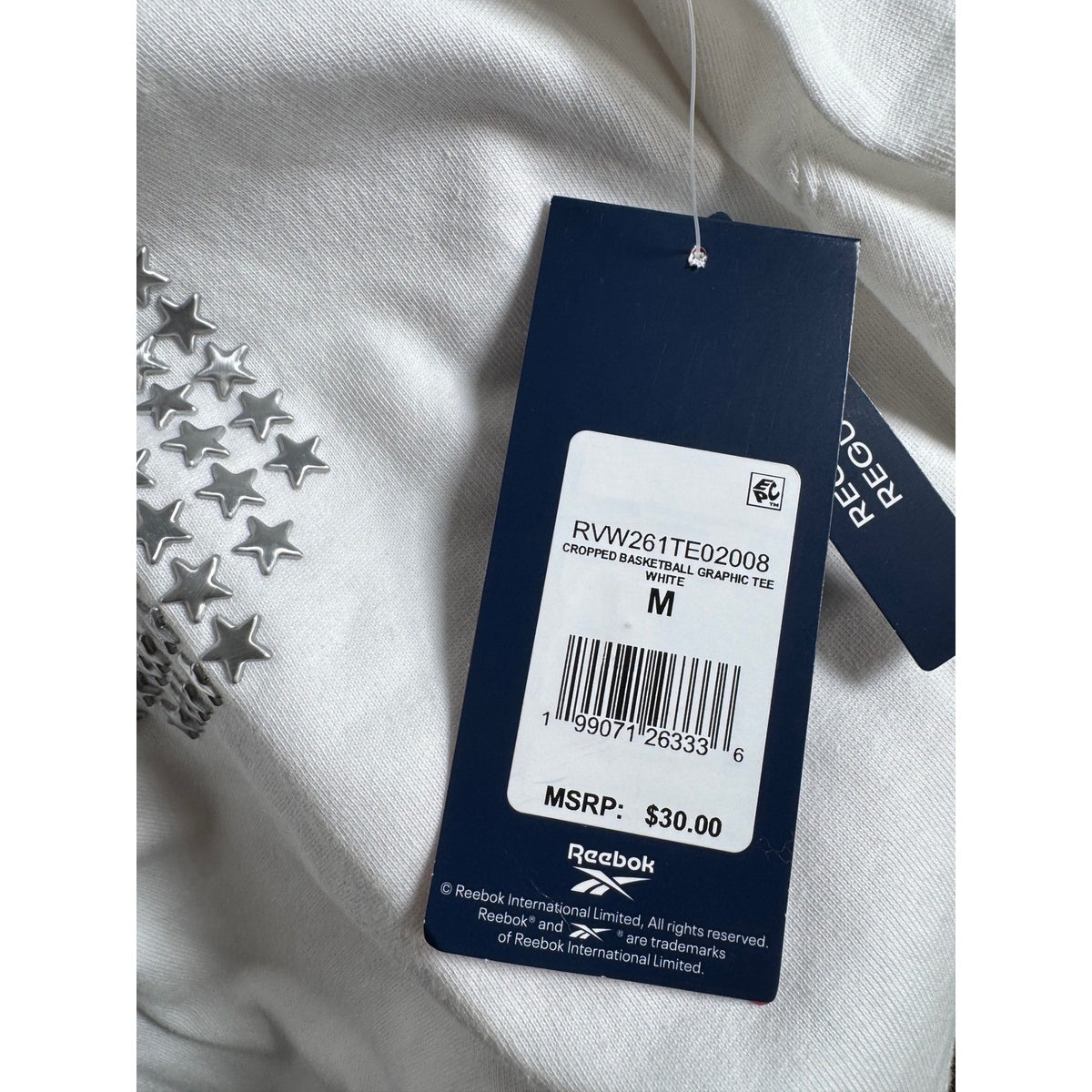 Reebok Women White Cropped Basketball Graphic Tee Star Number 5 RVW261TE02008 L